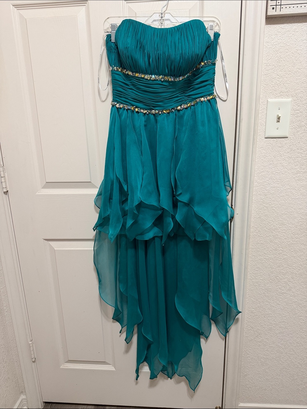 Strapless Teal Chiffon High-Low Dress with Beaded Waist